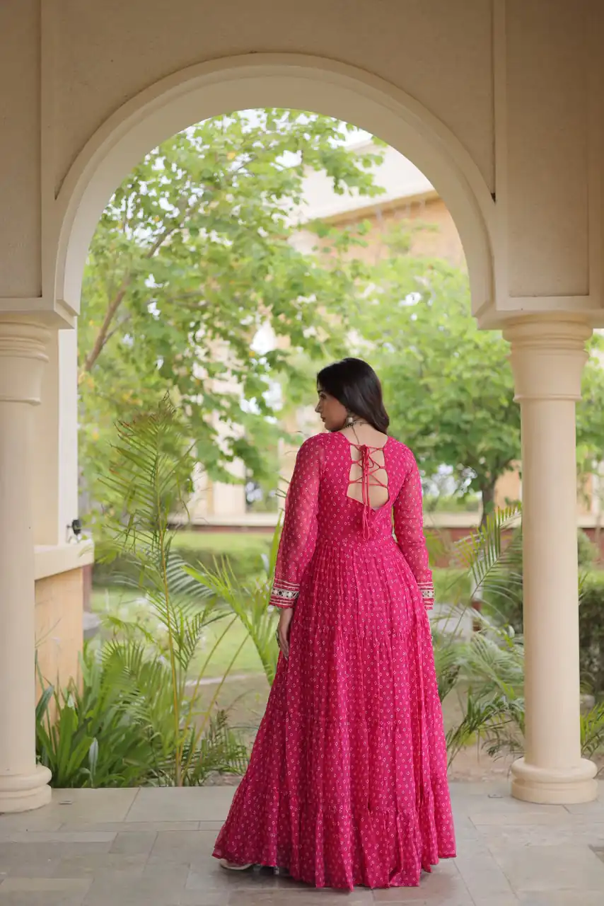 Pretty Pink Faux Georgette Bandhani Print Work Gown - Image 5