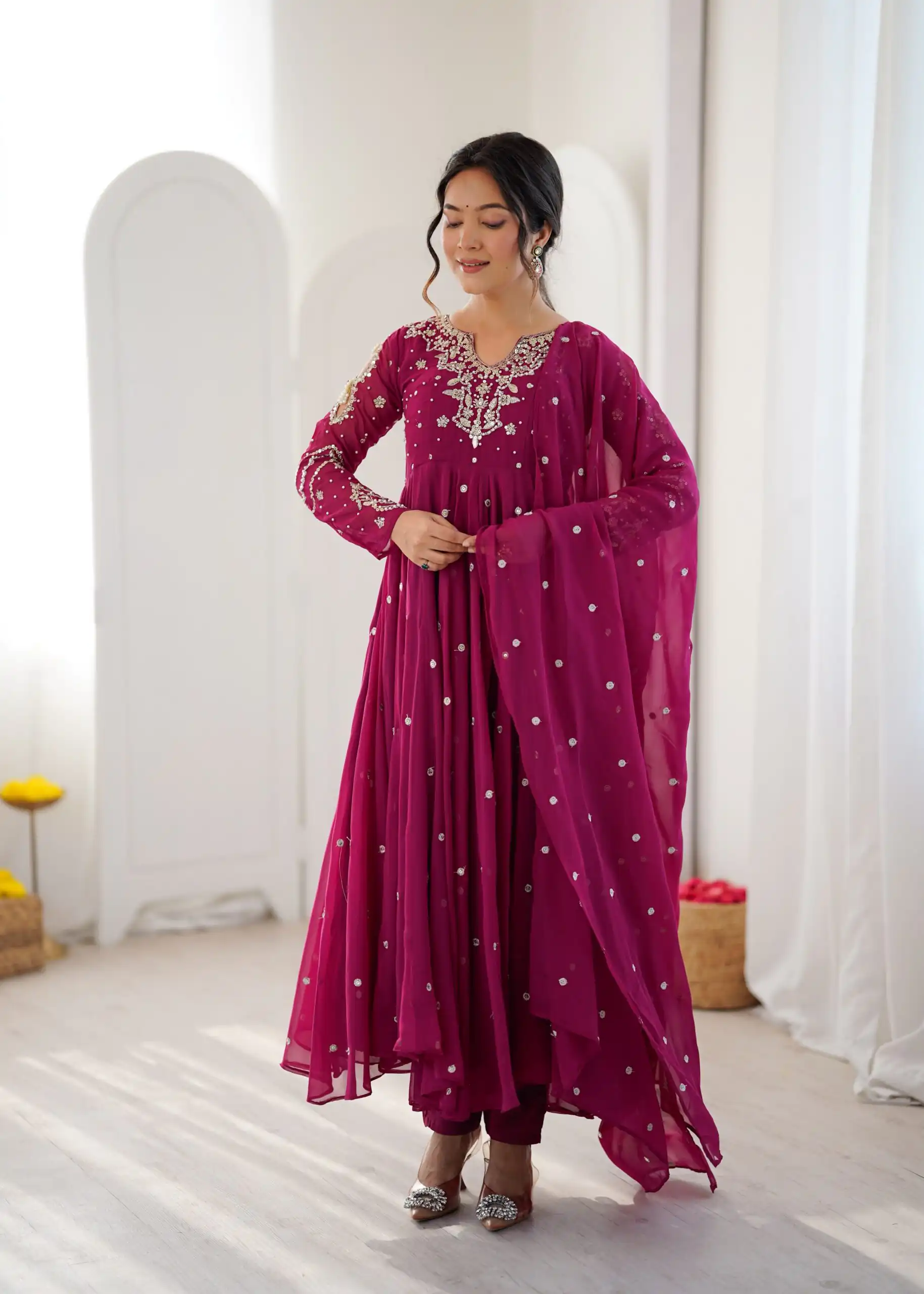 Pretty Pink Faux Georgette Embroider Work Salwar Suit