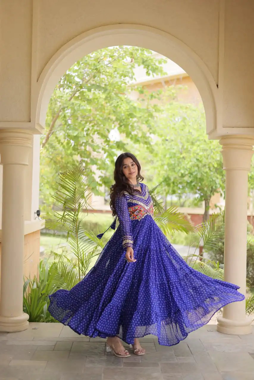 Pretty Royal Blue Faux Georgette Bandhani Print Work Gown - Image 4
