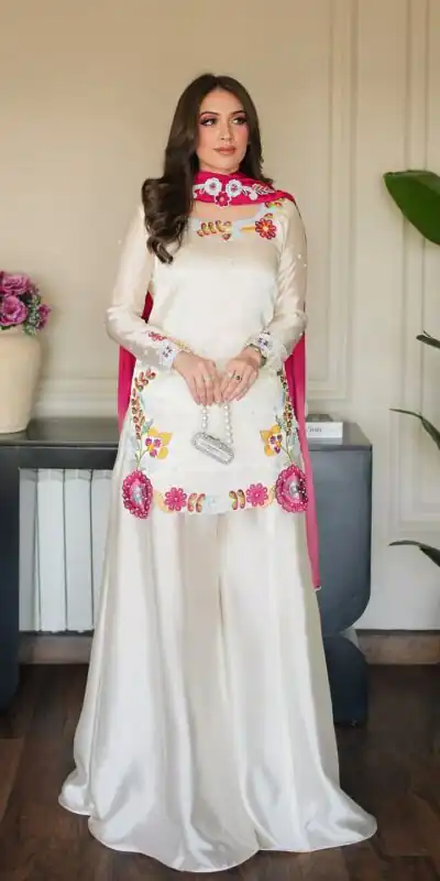 Alternative view of Pretty White Roman Glass Embroidery Work Salwar Suit
