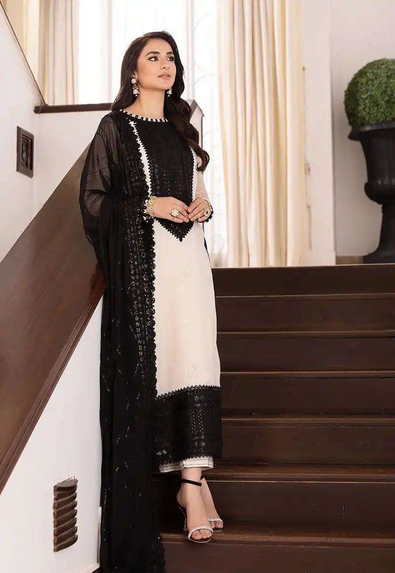 Shiny Black Natural Crep Thread Work Salwar Suit - Image 2
