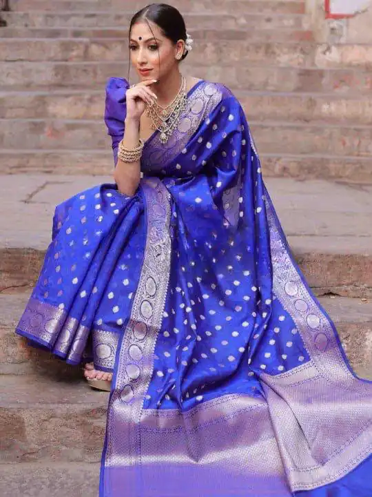 Shiny Blue Soft Lichi Silk Jacquard Lace Work Saree - Image 5