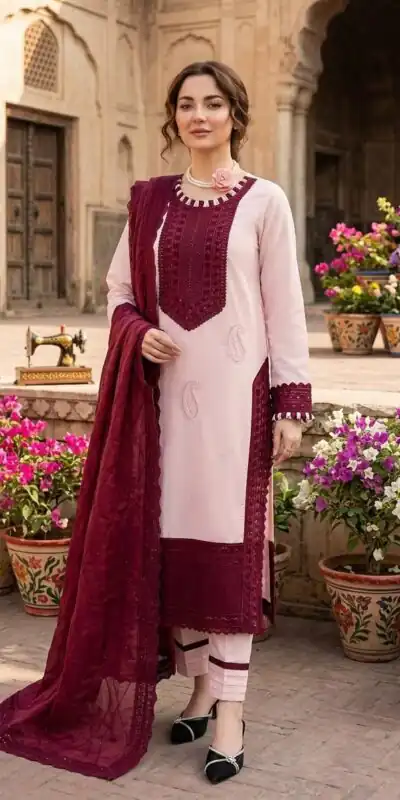 Alternative view of Shiny Maroon Natural Crep Thread Work Salwar Suit