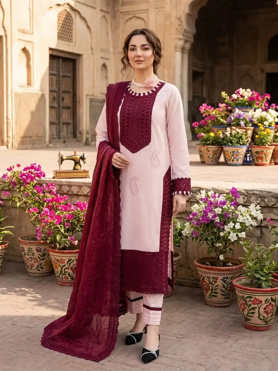 Shiny Maroon Natural Crep Thread Work Salwar Suit - Image 2