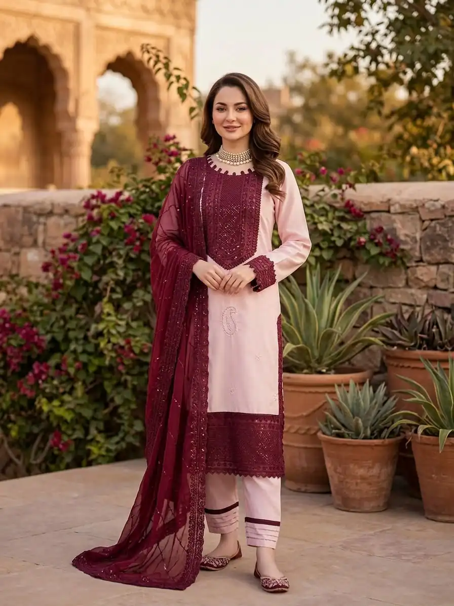 Shiny Maroon Natural Crep Thread Work Salwar Suit