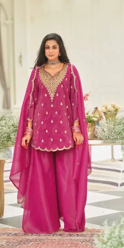 Shiny Pink Natural Silk Embroider Work Salwar Suit