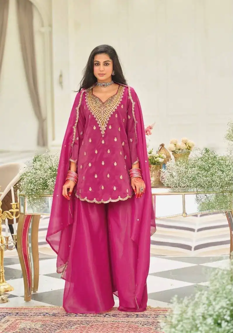 Shiny Pink Natural Silk Embroider Work Salwar Suit