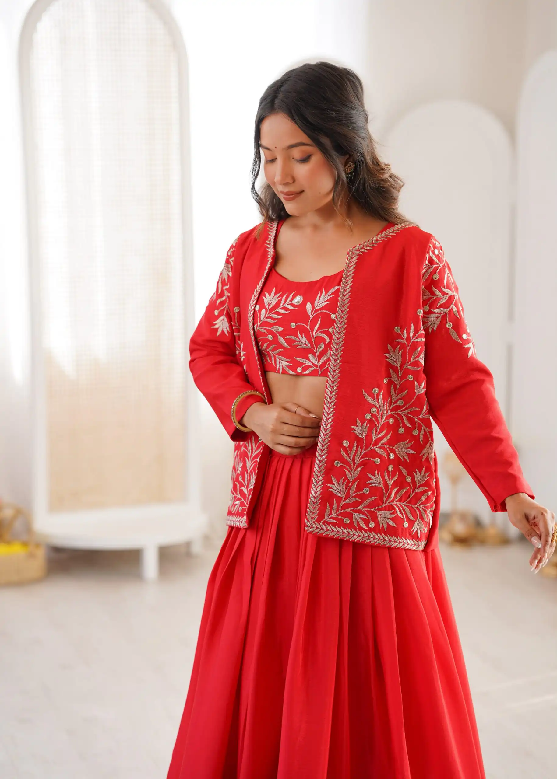 Shiny Red Chinon Silk Sequence Work Lehenga Choli - Image 5