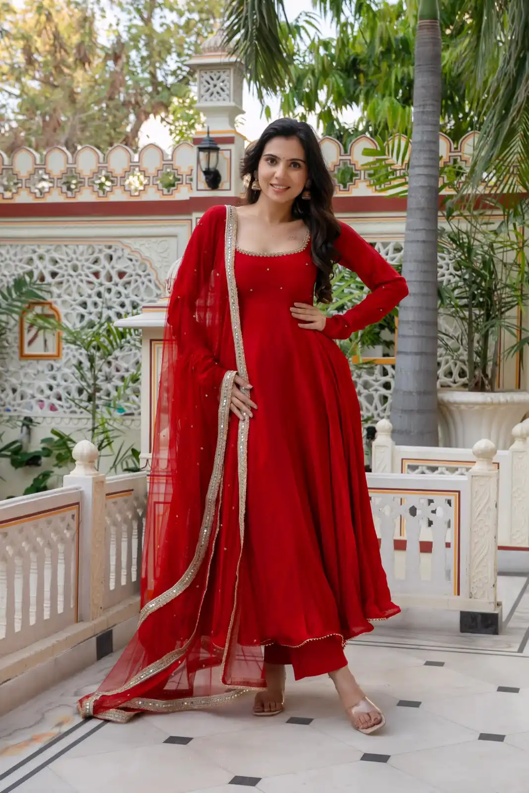 Shiny Red Faux Georgette Hand Work Anarkali Suit
