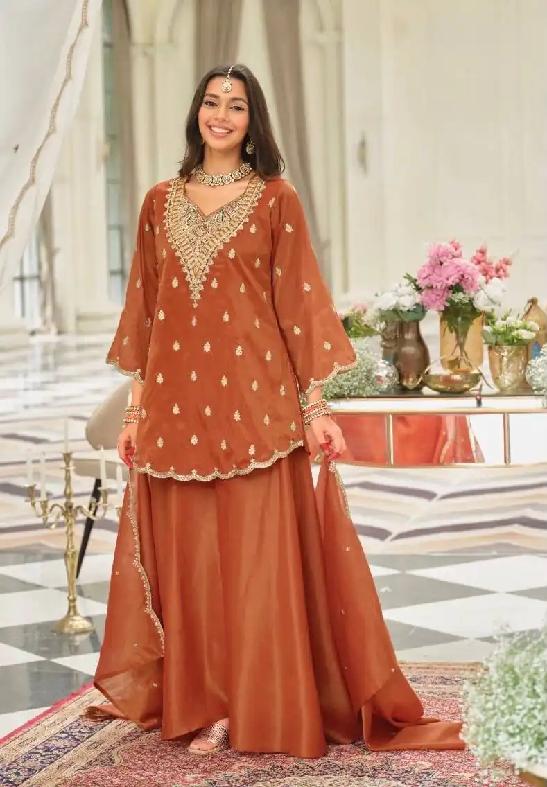 Shiny Rust Natural Silk Embroider Work Salwar Suit - Image 2