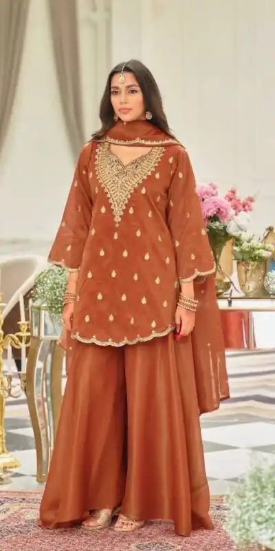 Shiny Rust Natural Silk Embroider Work Salwar Suit
