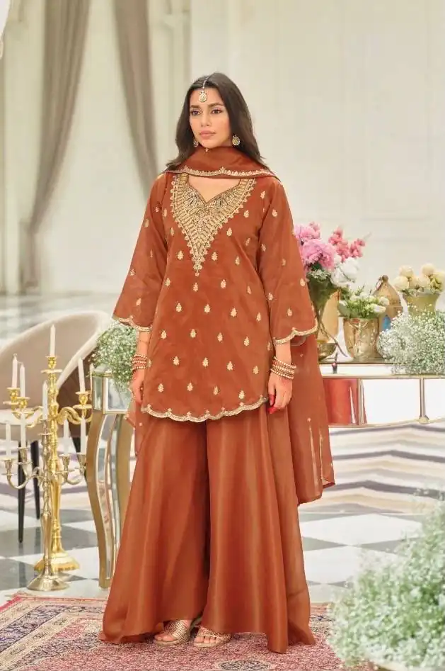 Shiny Rust Natural Silk Embroider Work Salwar Suit