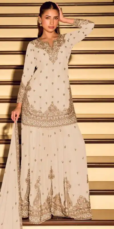 Shiny White Chinon Silk Sequence Work Salwar Suit