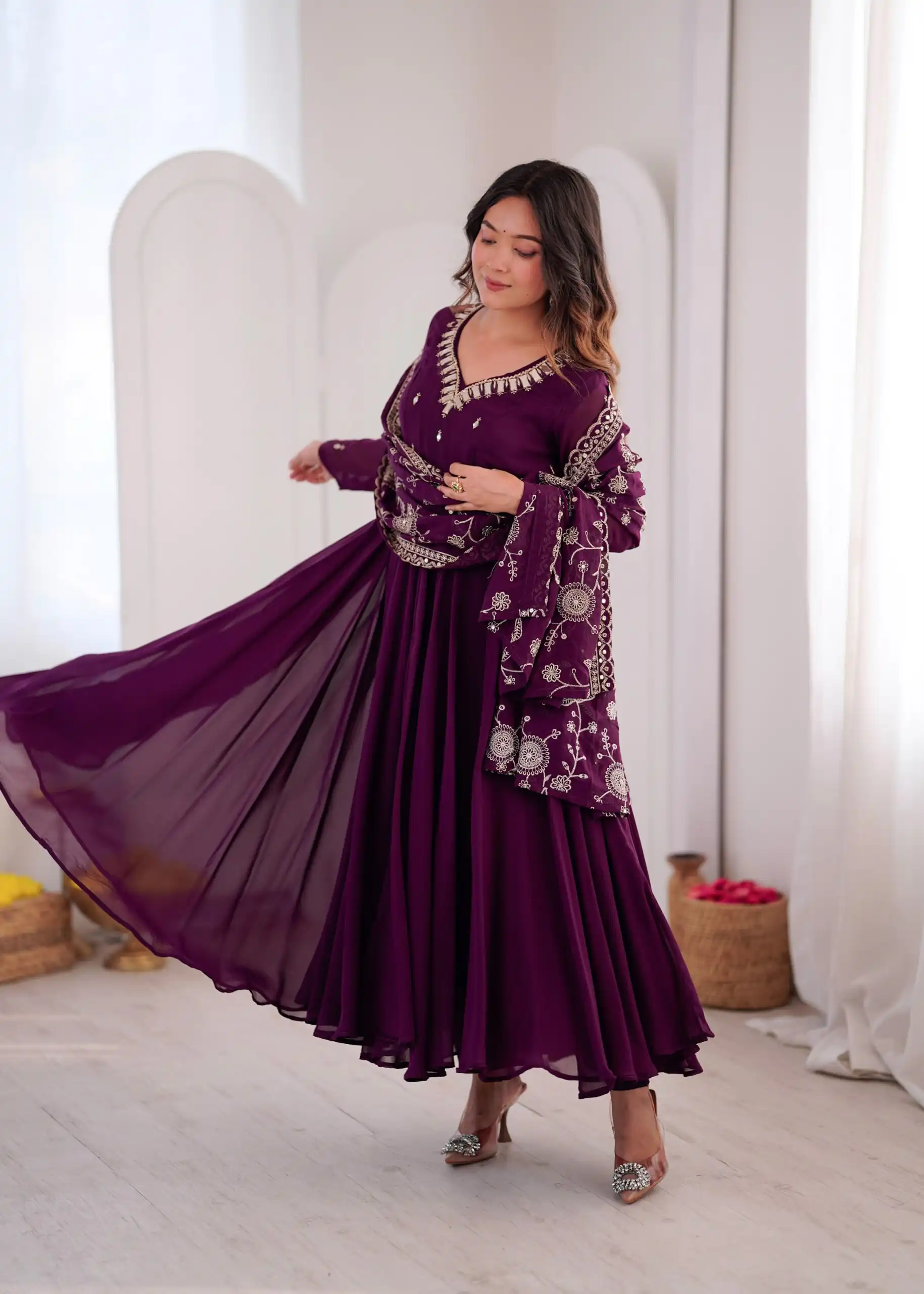 Shiny Wine Faux Georgette Embroidery Mirror Work Gown - Image 10