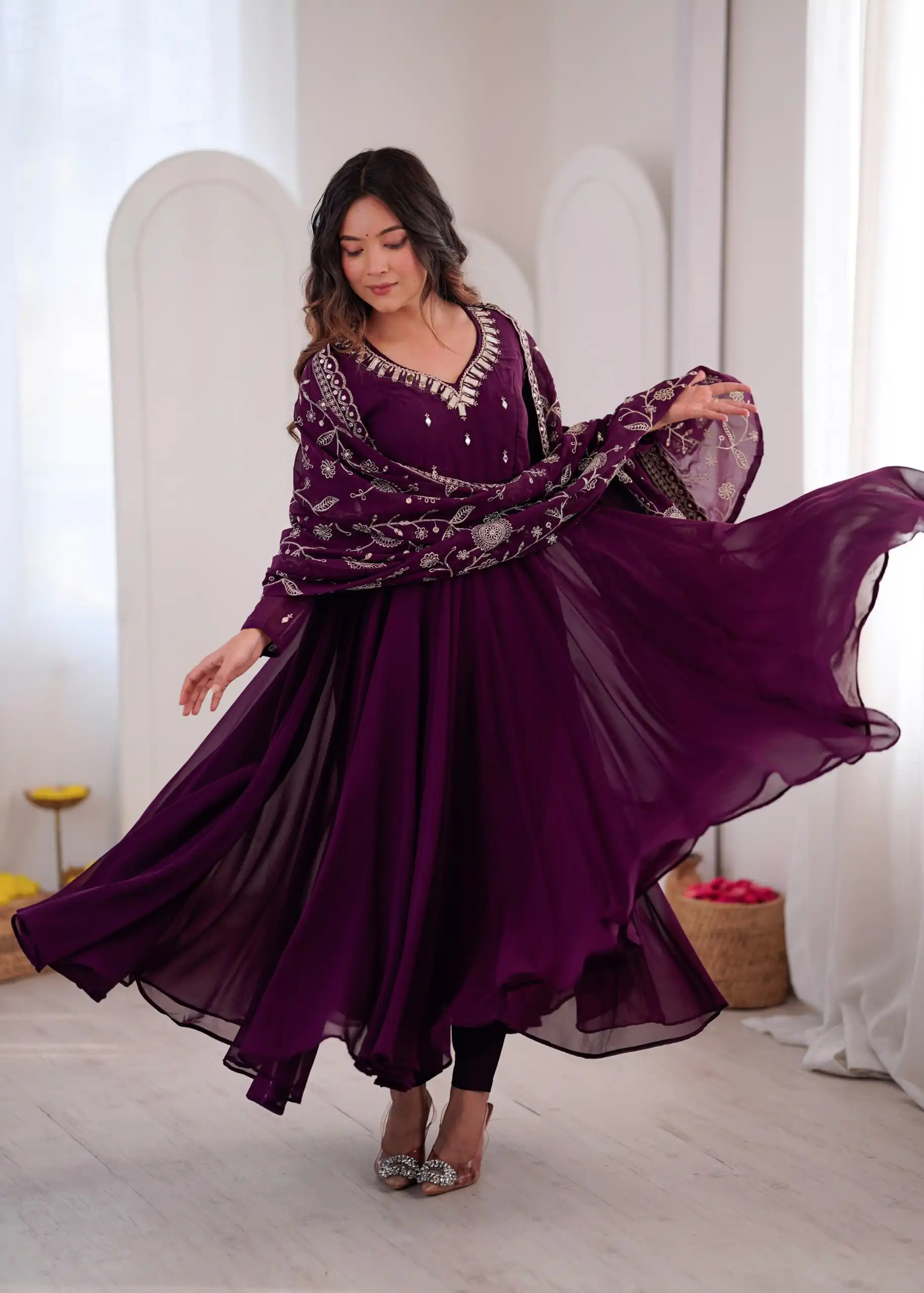Shiny Wine Faux Georgette Embroidery Mirror Work Gown - Image 4
