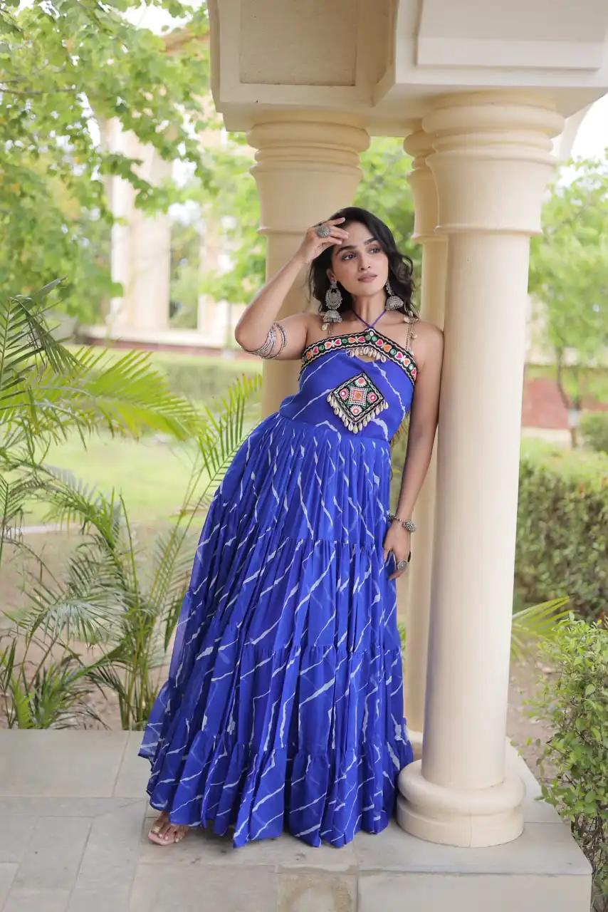 Simple Blue Faux Georgette Bandhani Print Work Gown - Image 2