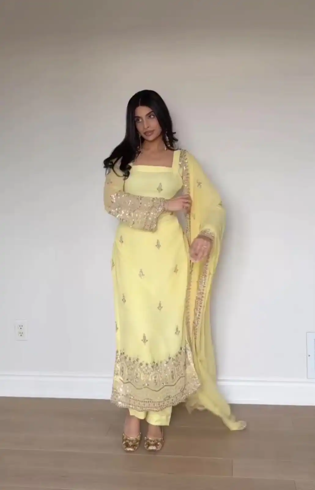 Simple Lemon Yellow Faux Georgette Embroider Work Salwar Suit