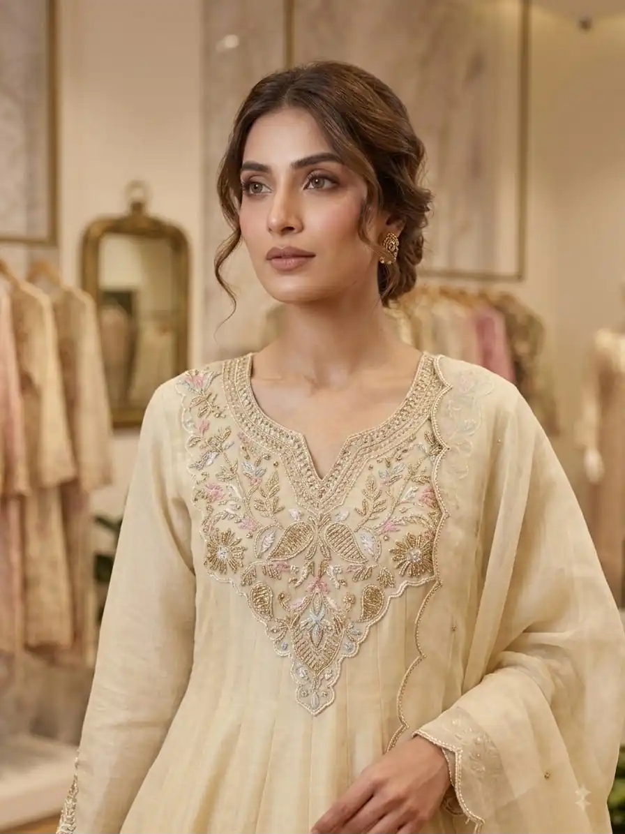 Simple Off White Cos Moss Embroidery Work Salwar Suit - Image 4
