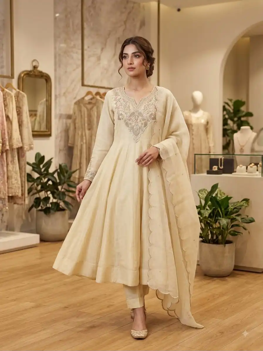 Simple Off White Cos Moss Embroidery Work Salwar Suit - Image 3