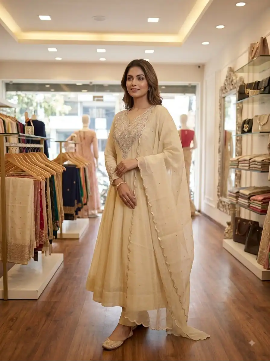 Simple Off White Cos Moss Embroidery Work Salwar Suit - Image 2