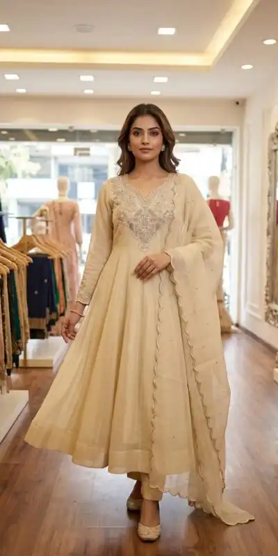 Simple Off White Cos Moss Embroidery Work Salwar Suit