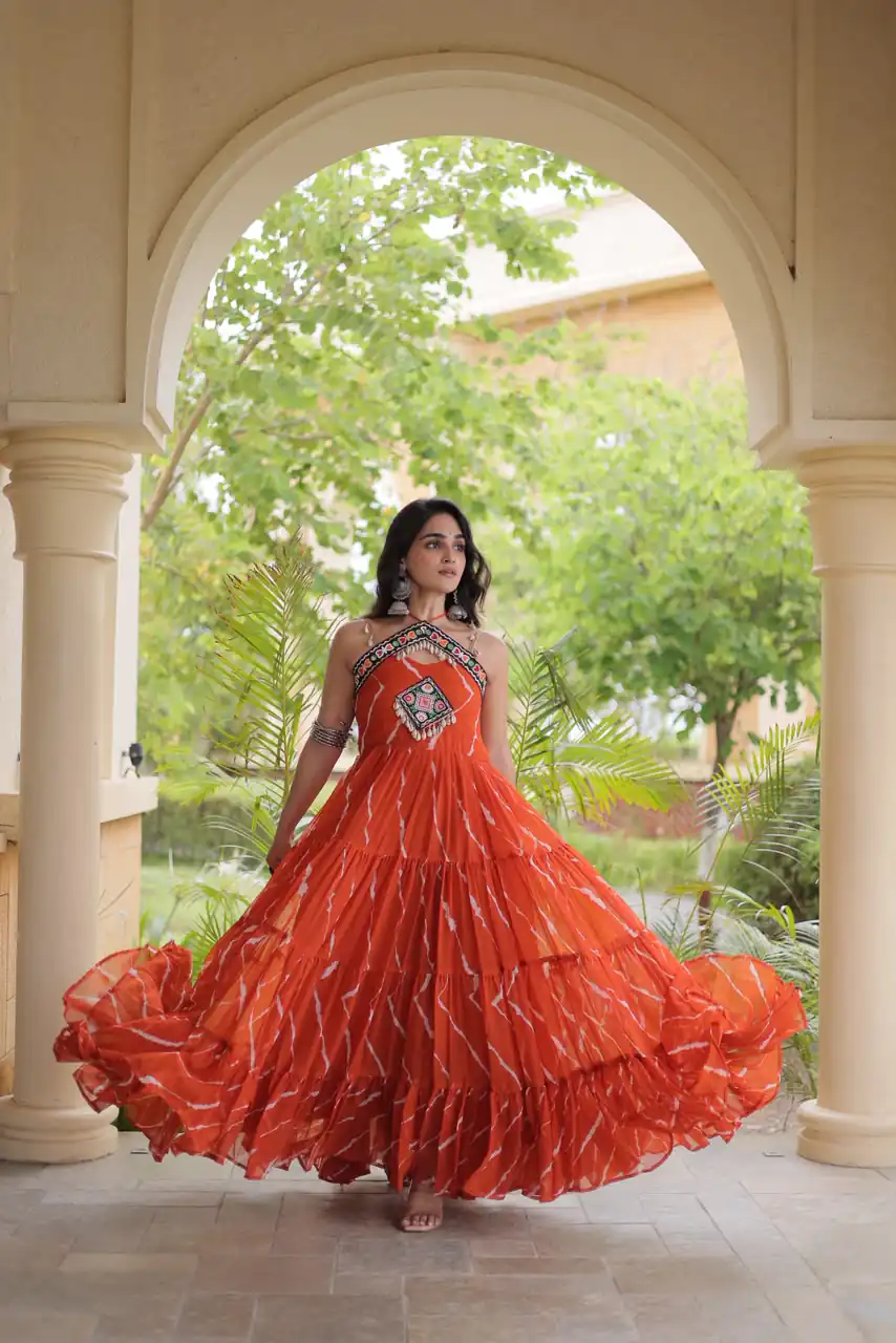 Simple Orange Faux Georgette Bandhani Print Work Gown - Image 3