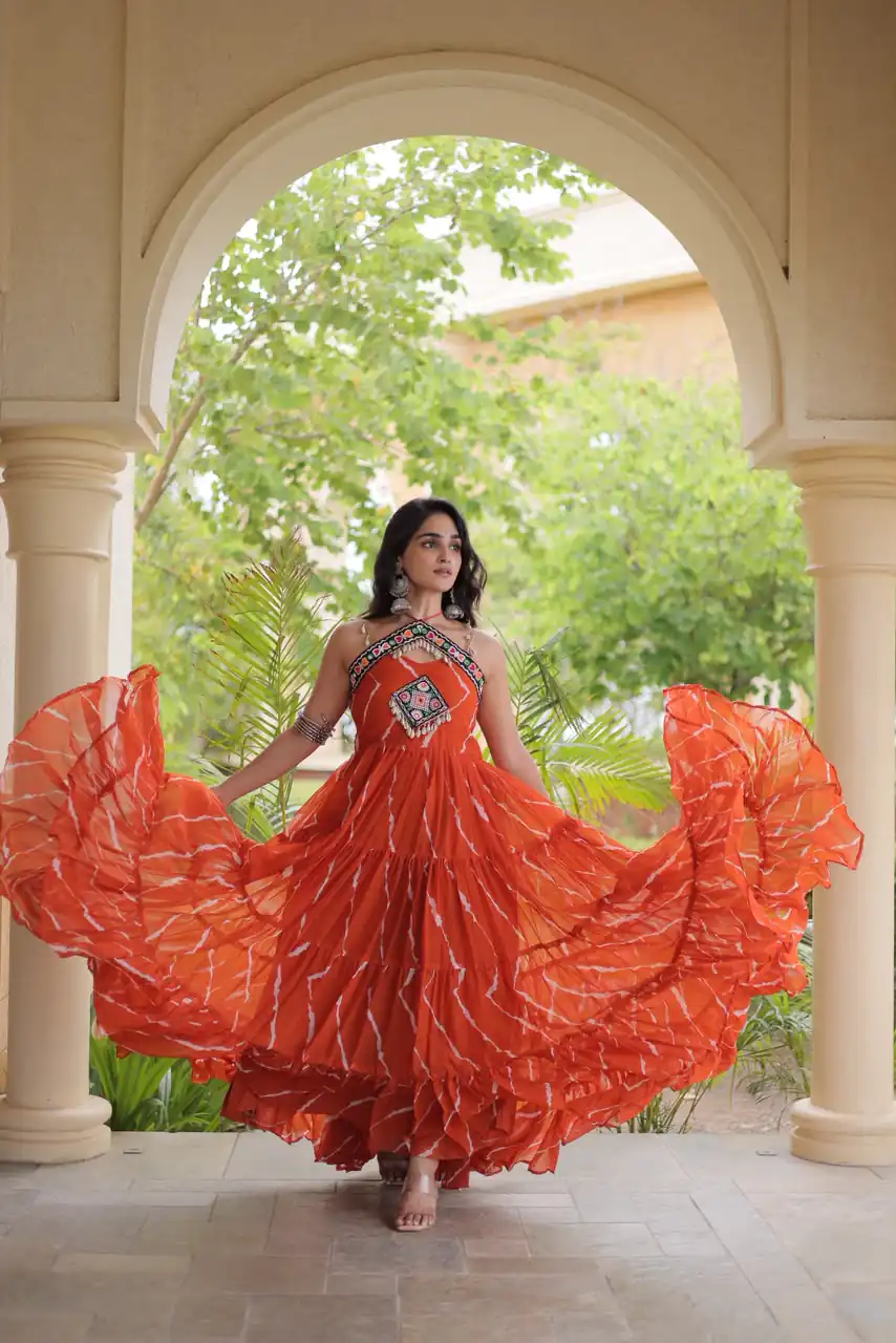 Simple Orange Faux Georgette Bandhani Print Work Gown