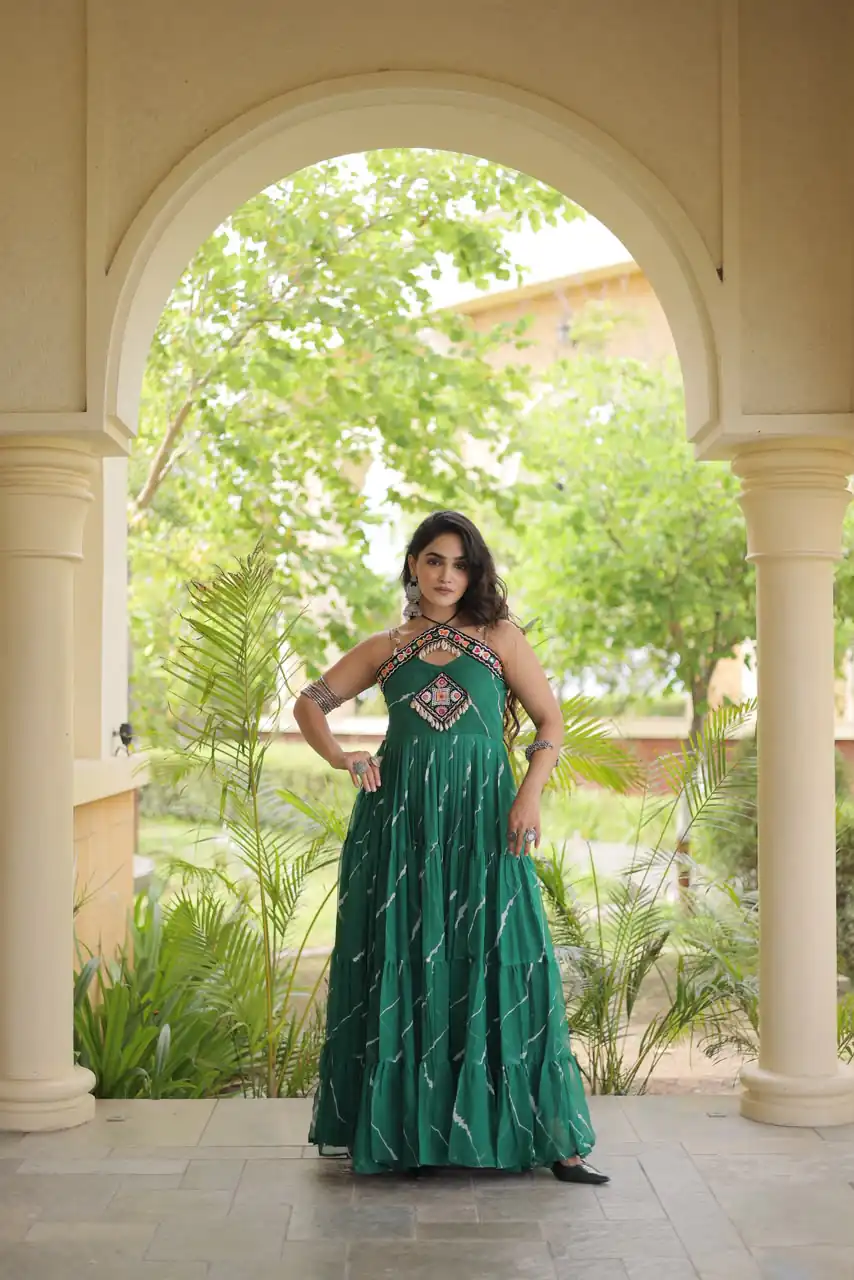 Simple Teal Faux Georgette Bandhani Print Work Gown - Image 3