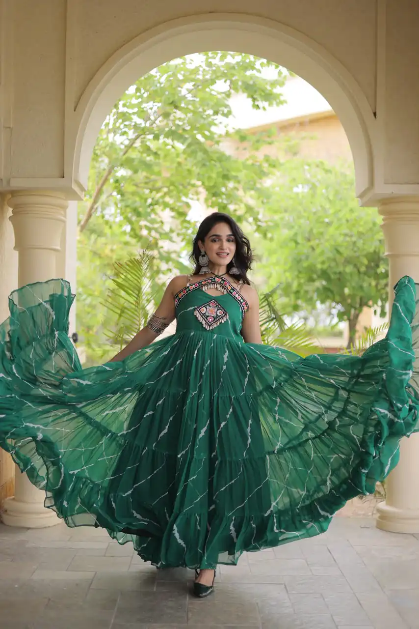 Simple Teal Faux Georgette Bandhani Print Work Gown - Image 2