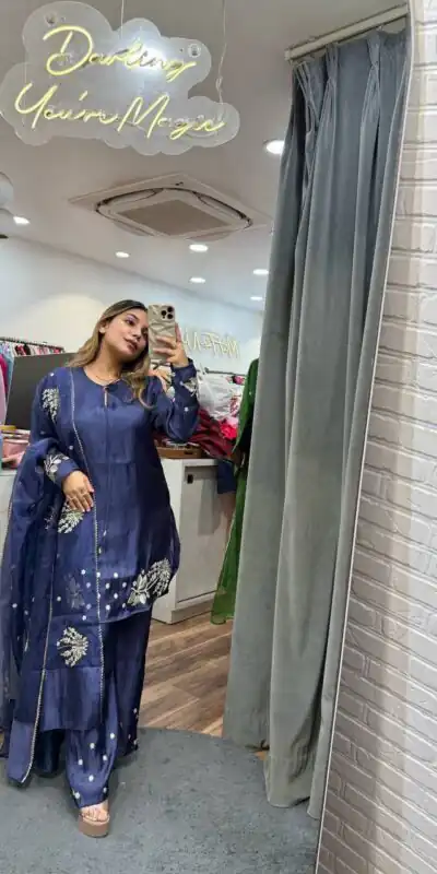 Stylish Blue Natural Crep Sequence Work Salwar Suit