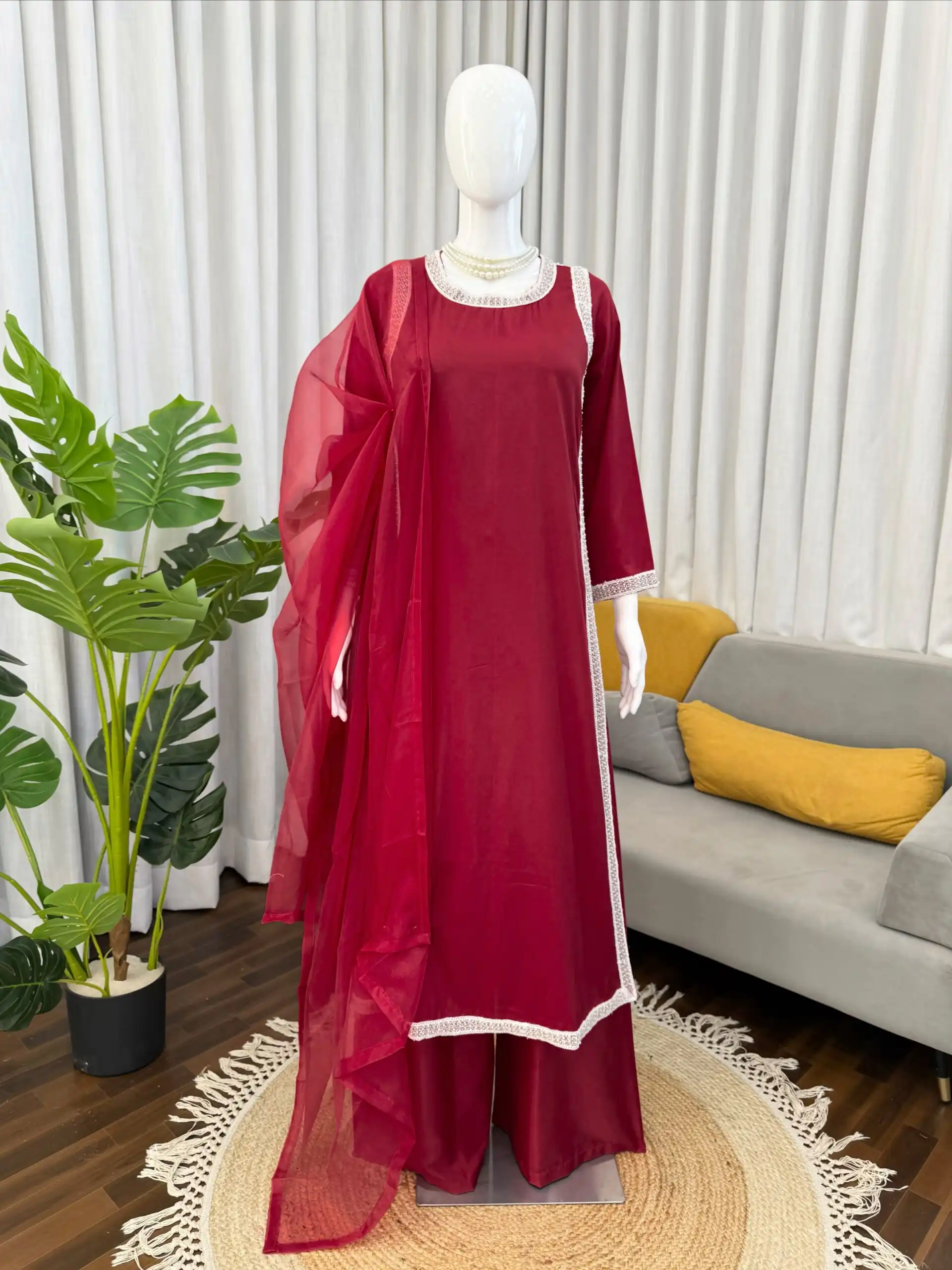 Stylish Maroon Natural Crep Breads Work Salwar Suit