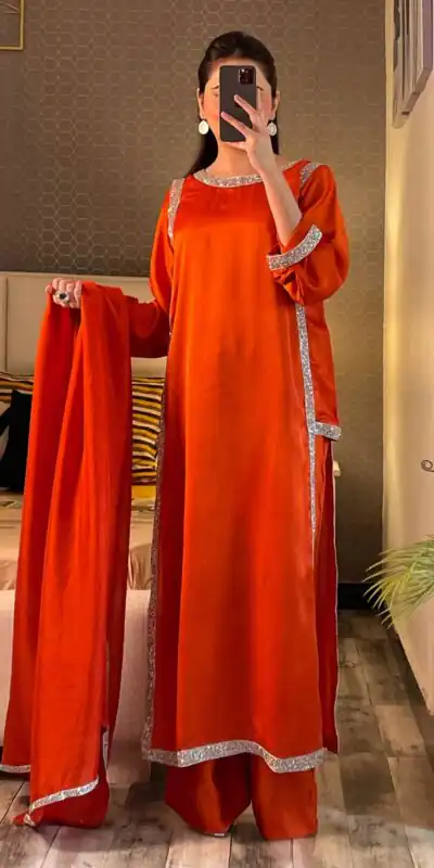 Stylish Red Natural Crep Breads Work Salwar Suit