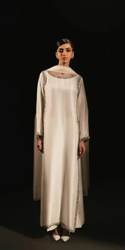 Stylish White Natural Crep Breads Work Salwar Suit