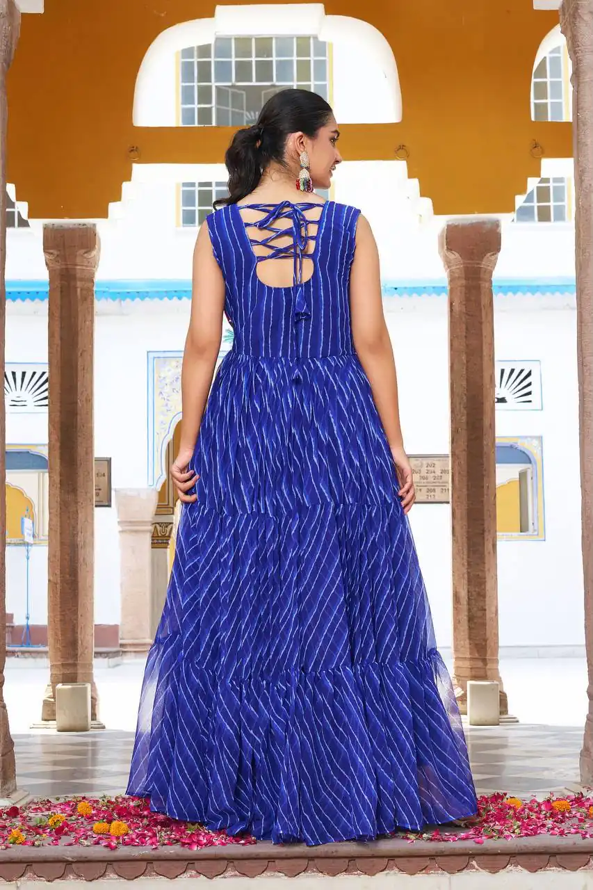 Stylist Blue Georgette Bandhani Print Work Gown - Image 3