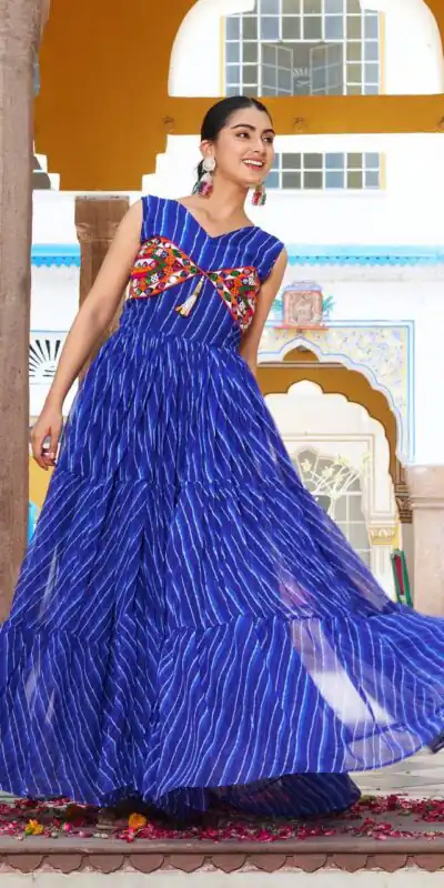 Stylist Blue Georgette Bandhani Print Work Gown