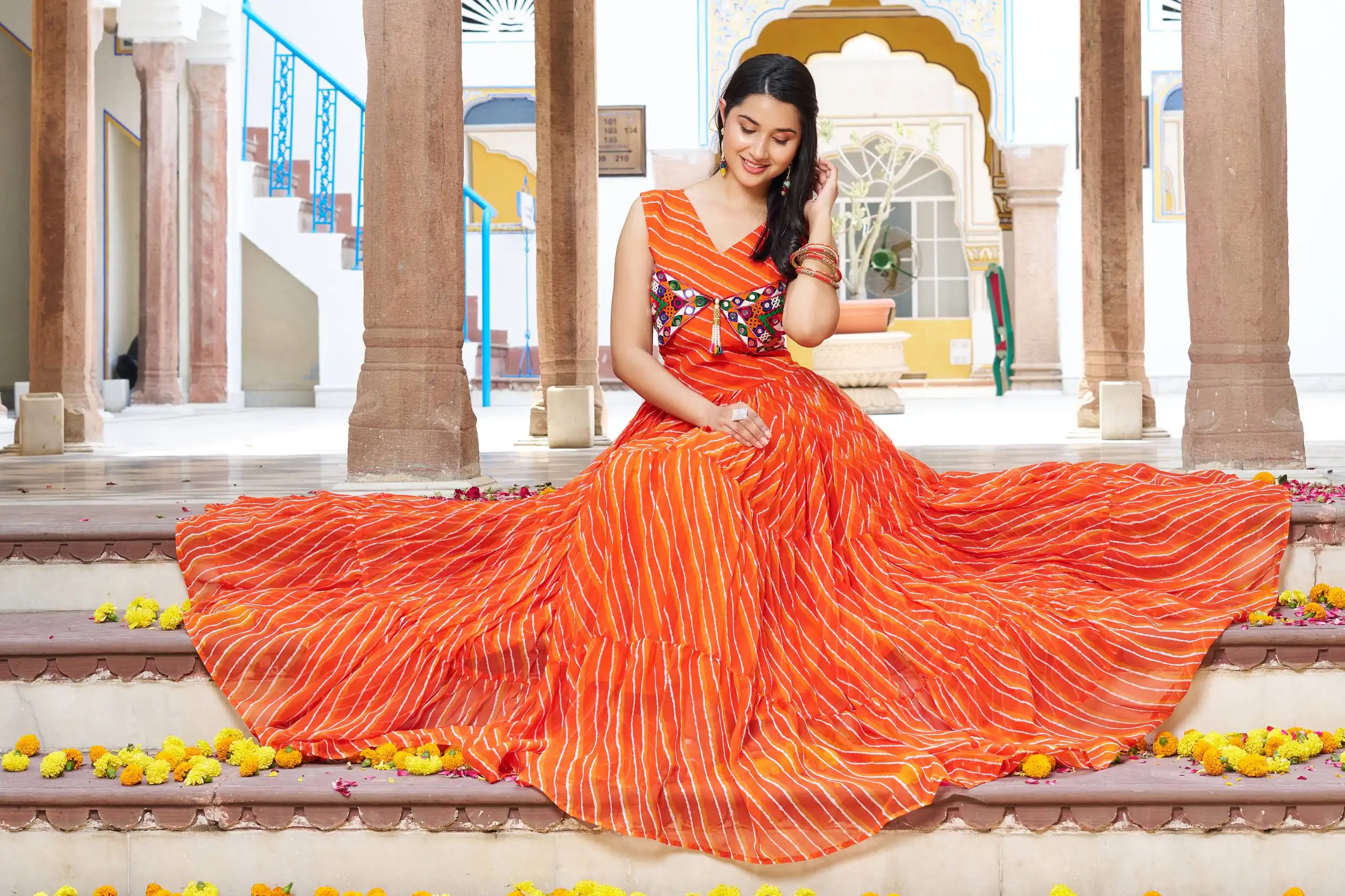 Stylist Orange Georgette Bandhani Print Work Gown - Image 2