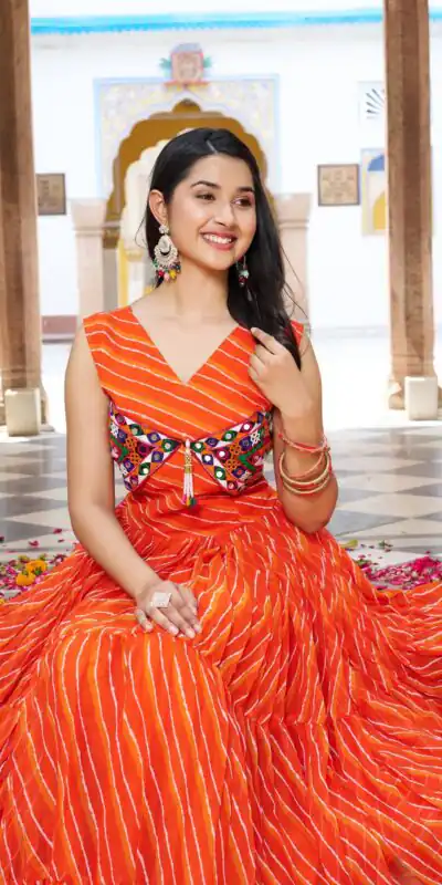 Stylist Orange Georgette Bandhani Print Work Gown