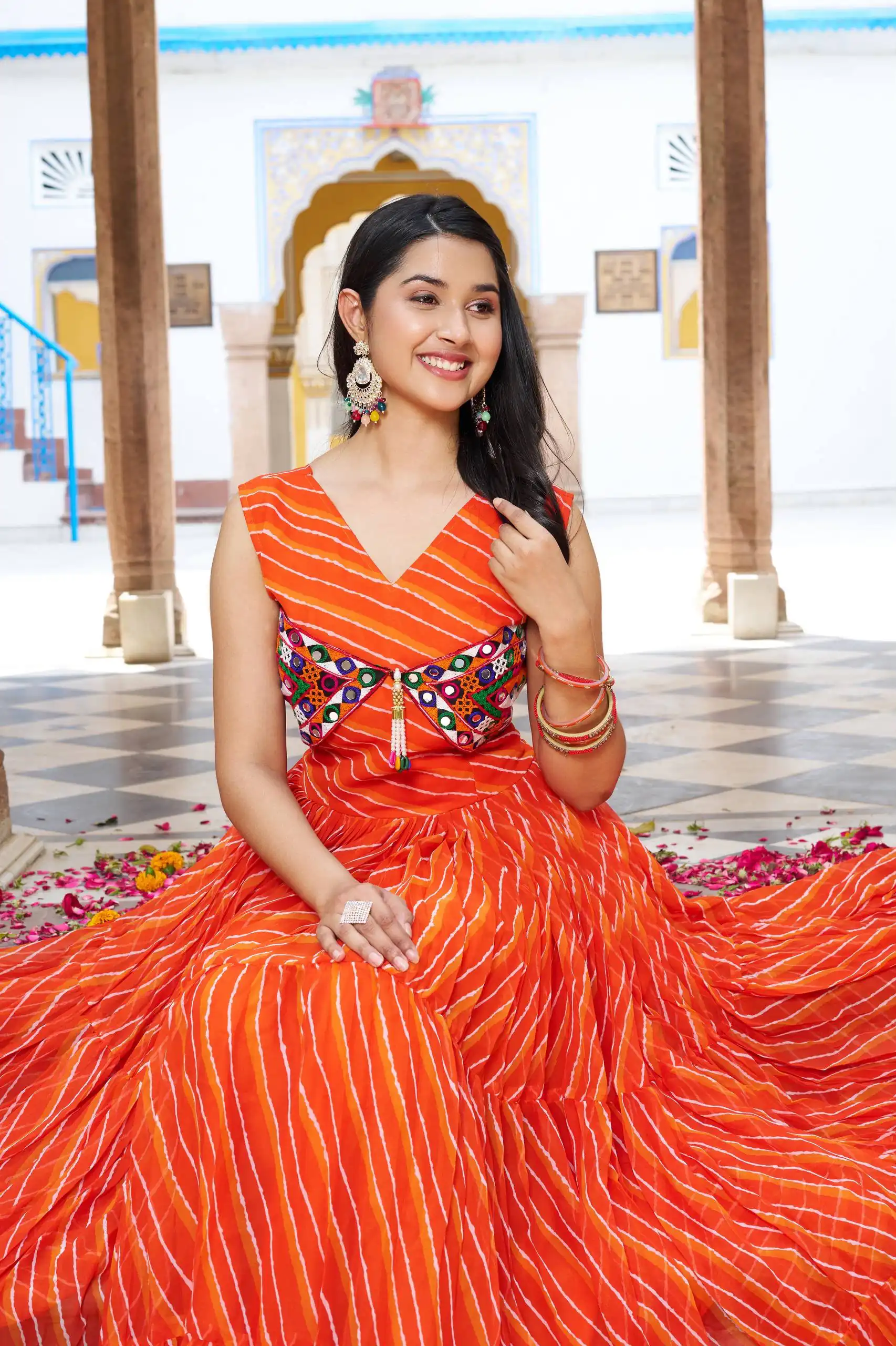 Stylist Orange Georgette Bandhani Print Work Gown