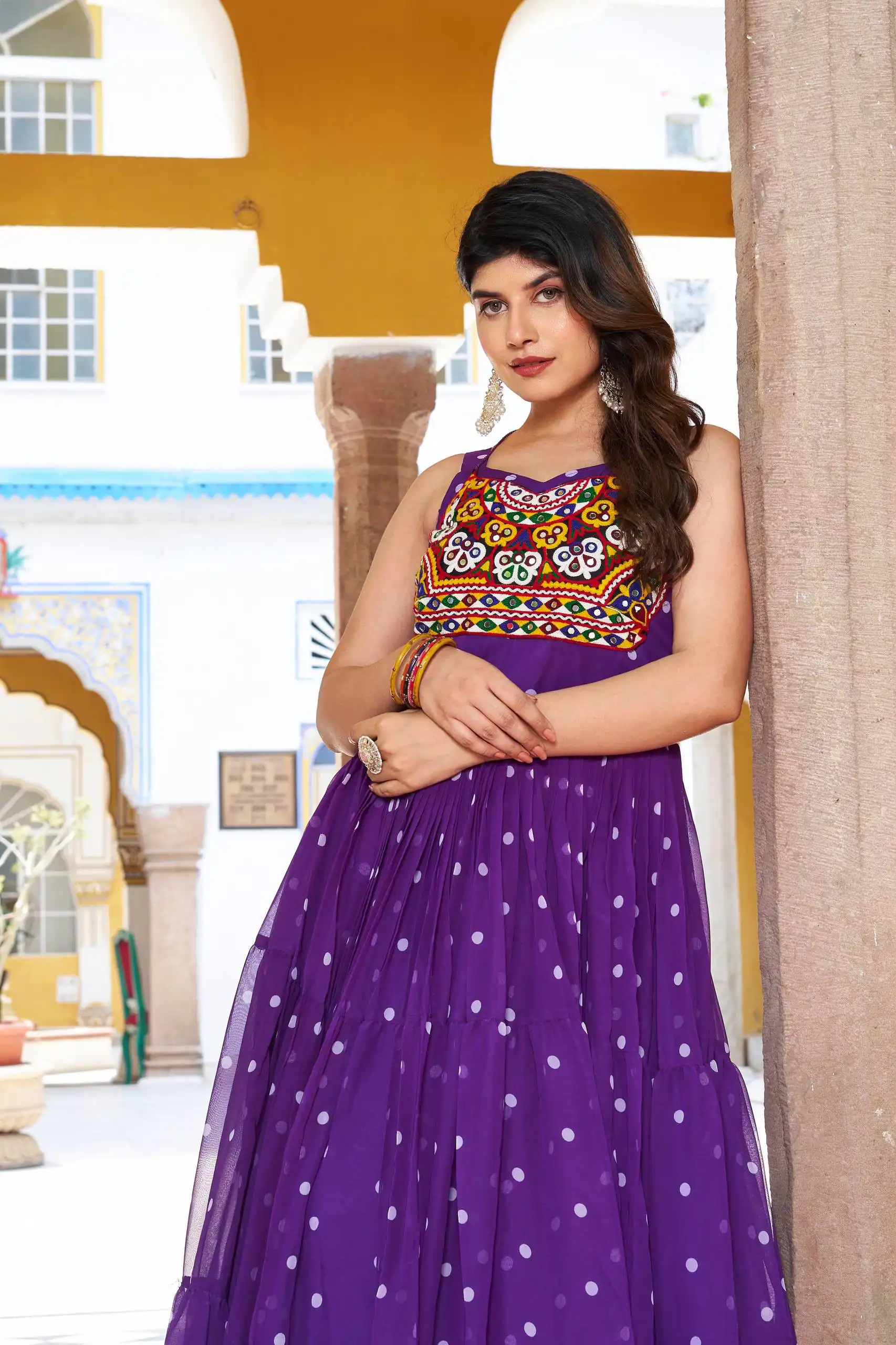 Stylist Purple Georgette Bandhani Print Work Gown - Image 3