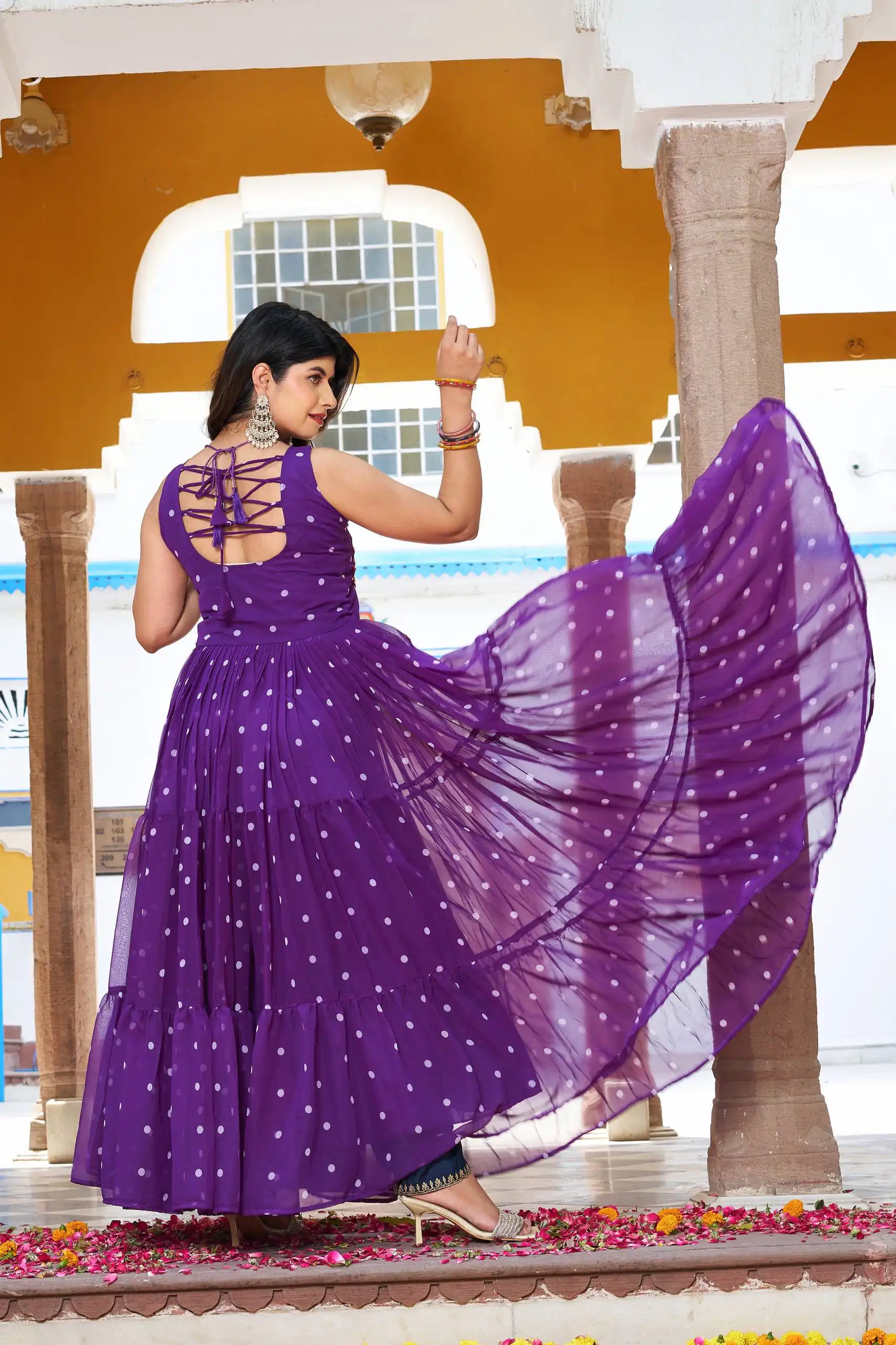 Stylist Purple Georgette Bandhani Print Work Gown - Image 2
