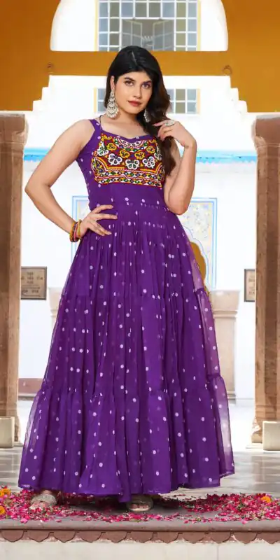 Stylist Purple Georgette Bandhani Print Work Gown