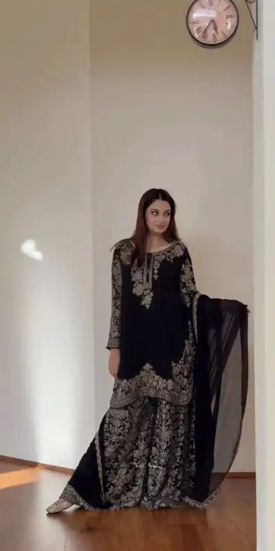 Super Black Faux Georgette Embroider Work Salwar Suit