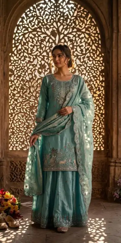 Super Blue Fendy Silk Sequins Work Salwar Suit