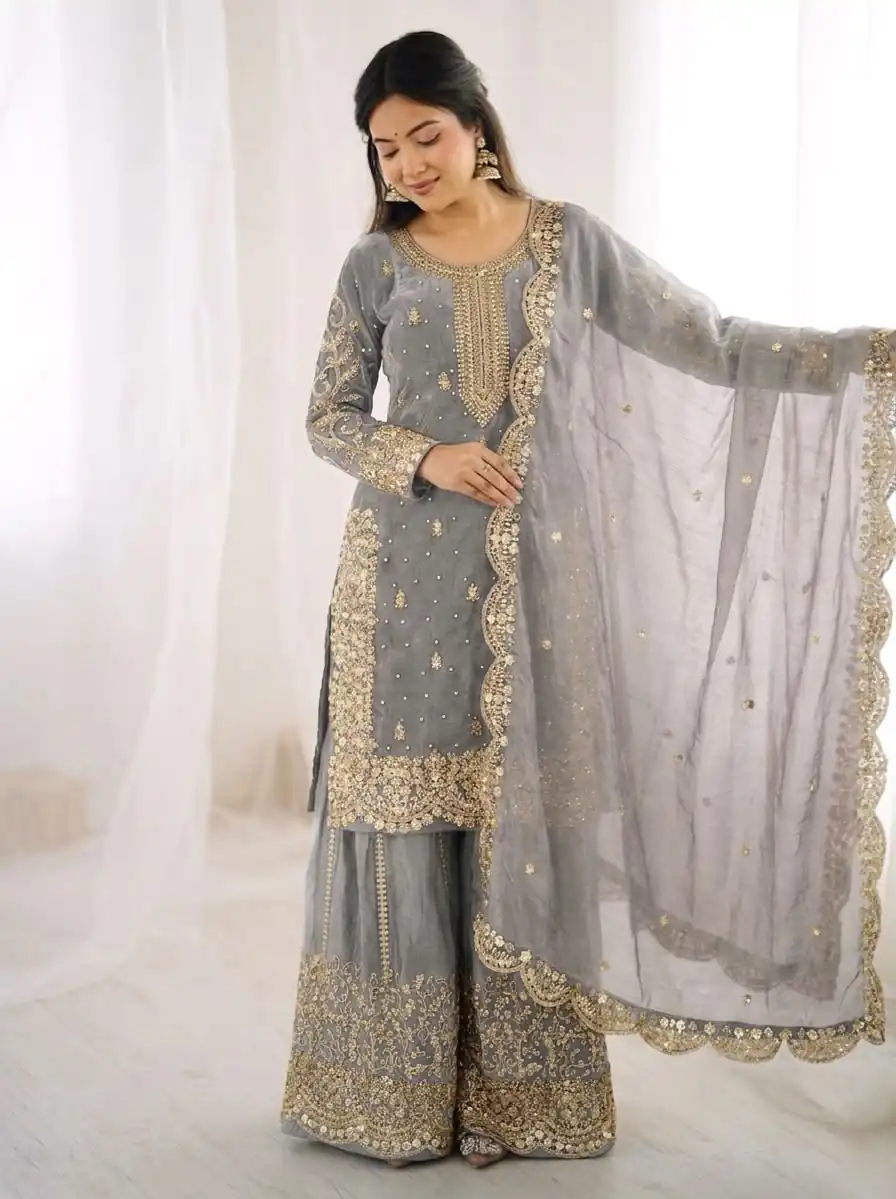 Super Grey Fendy Silk Embroidery Work Salwar Suit - Image 2