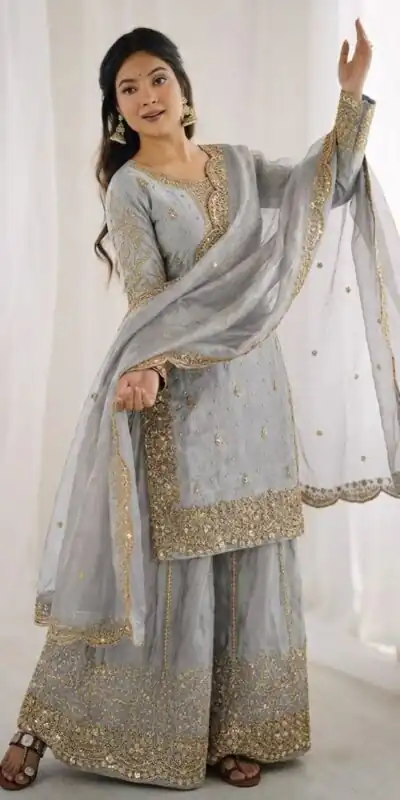 Super Grey Fendy Silk Embroidery Work Salwar Suit