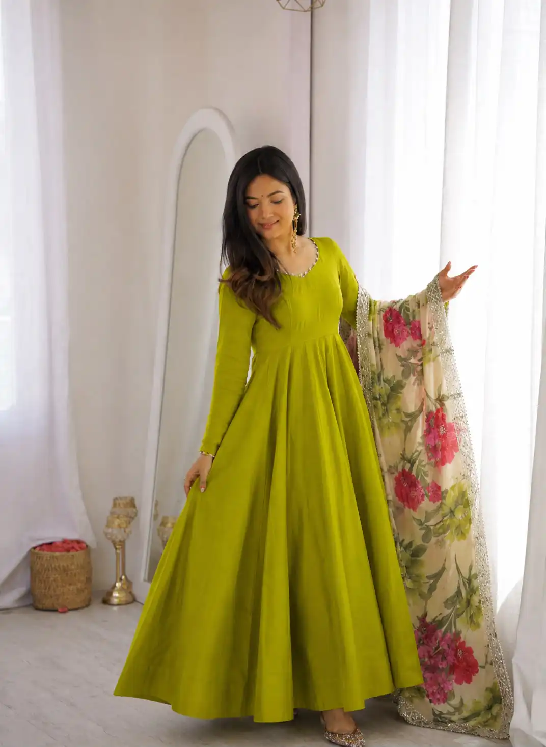 Super Mahendi Roman Silk Chanderi Plain Work Anarkali Suit