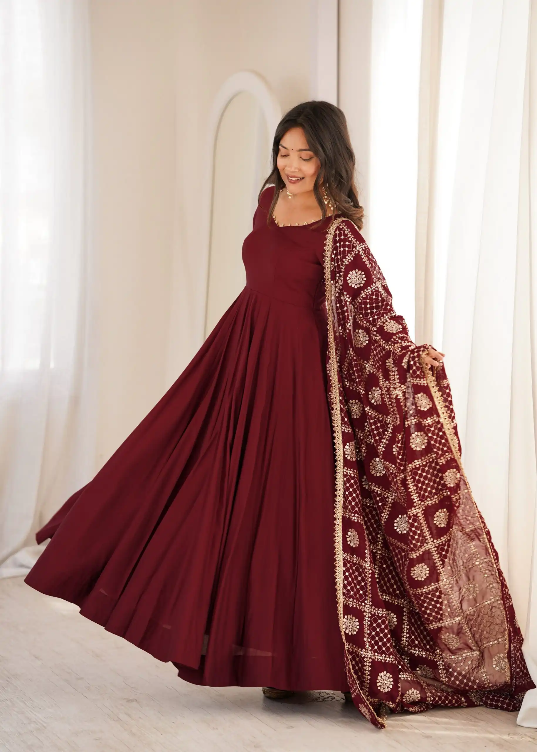 Super Maroon Roman Silk Chanderi Lace Work Anarkali Suit - Image 7