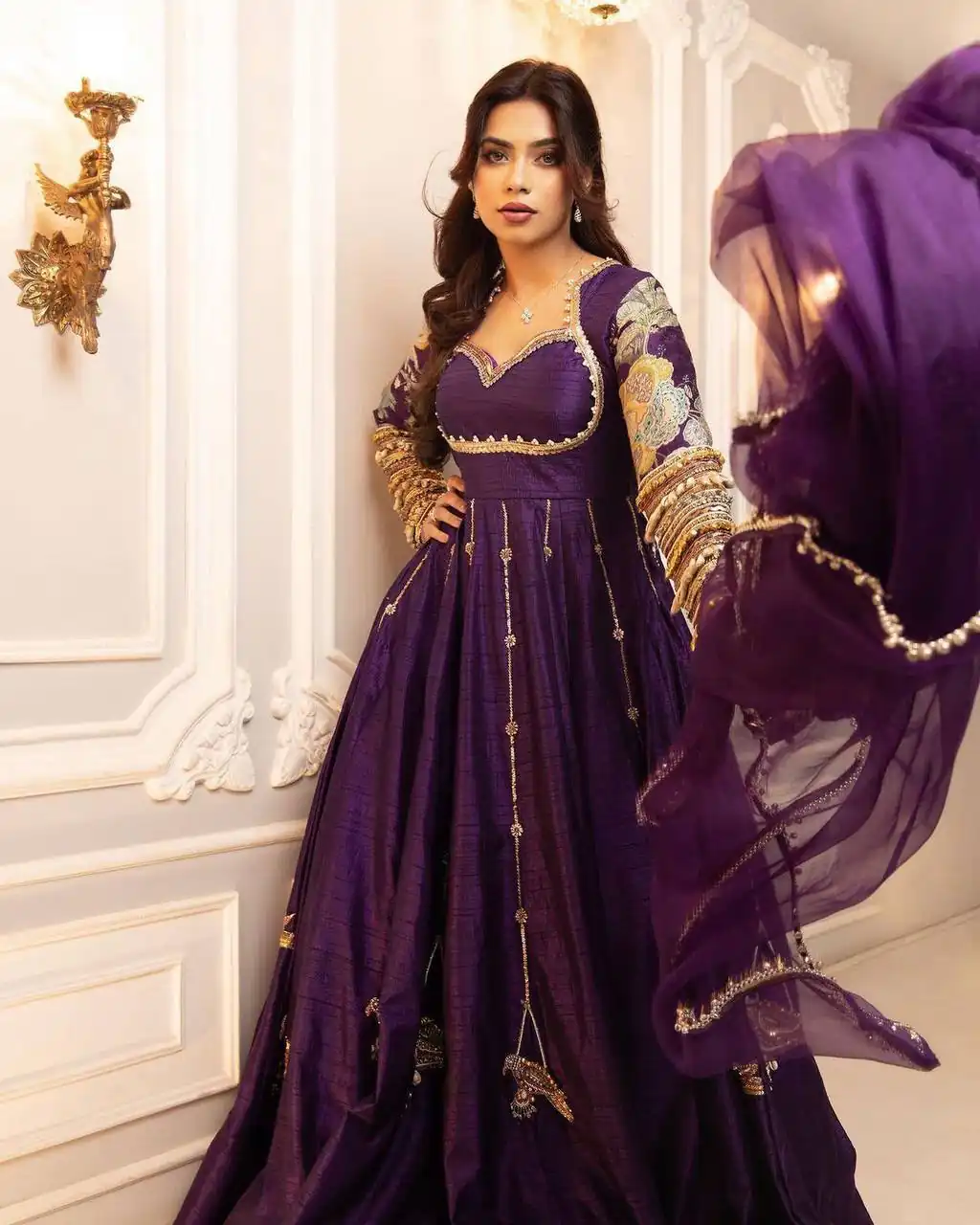 Super Purple Blooming Vichitra Embroidery Zari Work Gown - Image 2