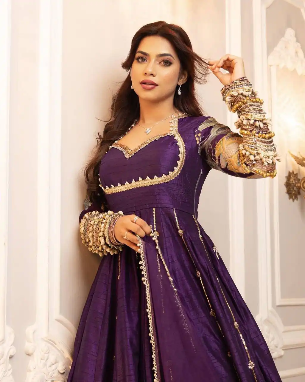 Super Purple Blooming Vichitra Embroidery Zari Work Gown