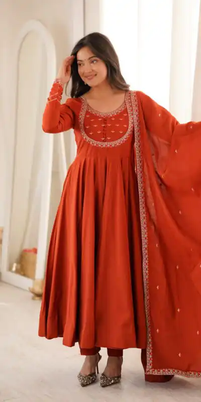Alternative view of Super Rust Roman Silk Chanderi Thread Work Anarkali Suit